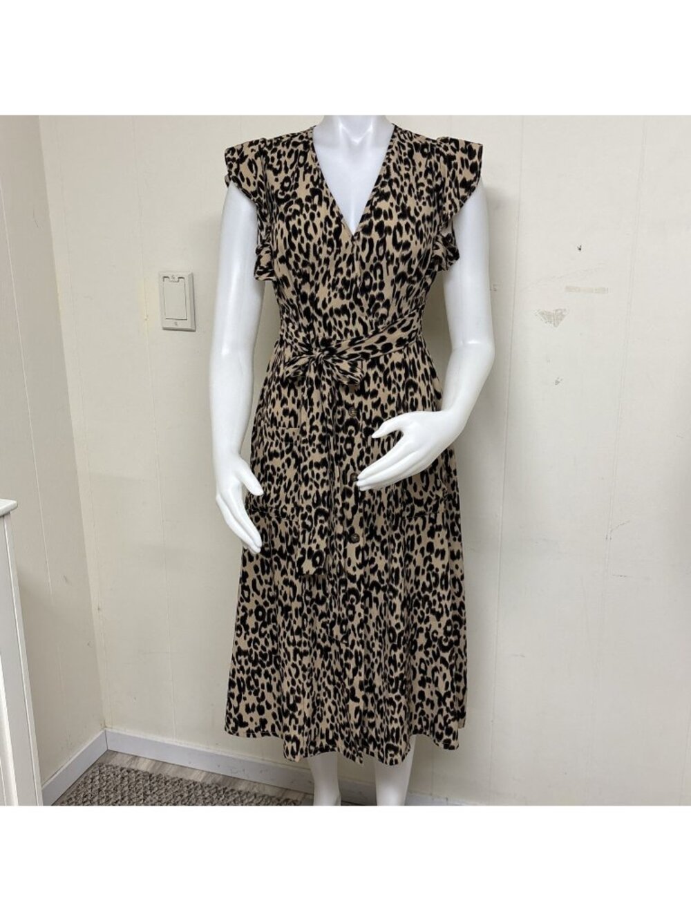 Ganni Leopard Print Dress Womens 36 Cotton Flutter Sleeve V-Neck Pockets Midi
